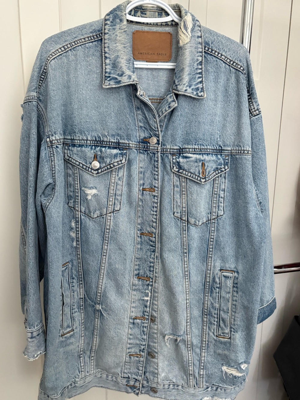 American Eagle Outfitters Light Wash Distressed Denim Jacket